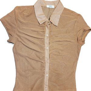 ardene tan mesh collared cap sleeve button up blouse